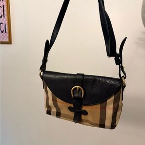 Burberry Black Leather Flap & Tan Check Shoulder Bag